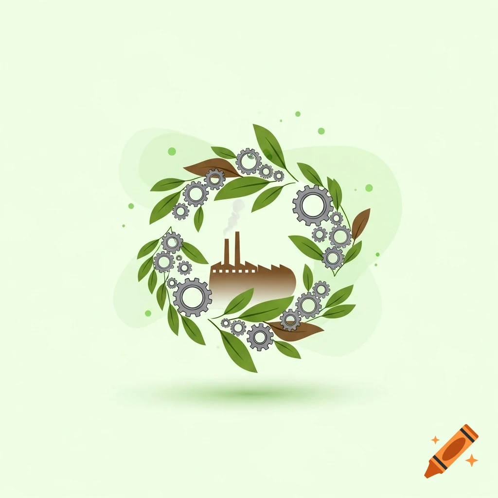 Illustration of a factory inside a circular wreath of green leaves and gray gears, symbolizing sustainable circular economy.