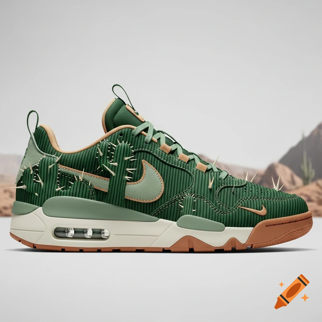 Photorealistic green Nike sneaker with ribbed cactus texture, subtle thorns, sand-toned trim, and a desert background.