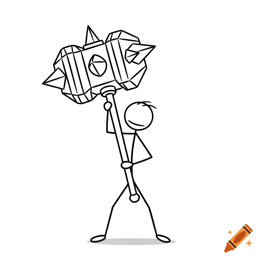 A simple black outline stick figure holds a large, spiked war hammer on a white background.