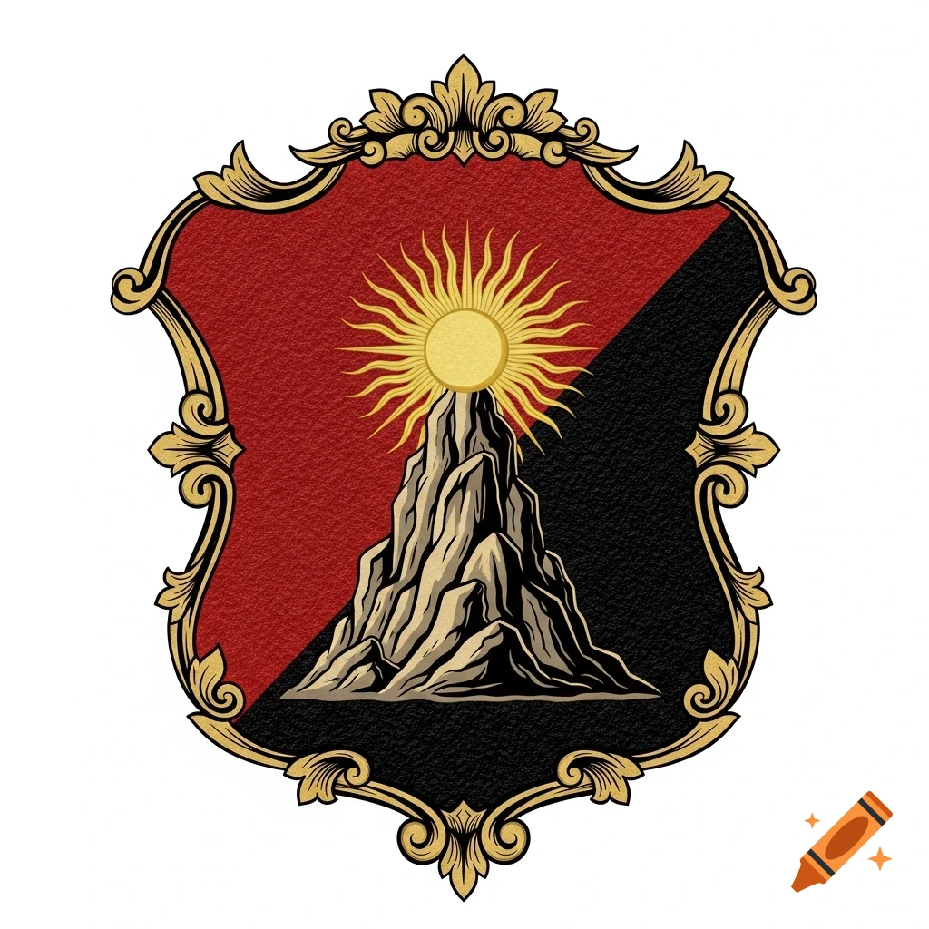 A heraldic shield with a gold ornate frame, divided into red and black, with a golden sun rising over a rocky mountain.