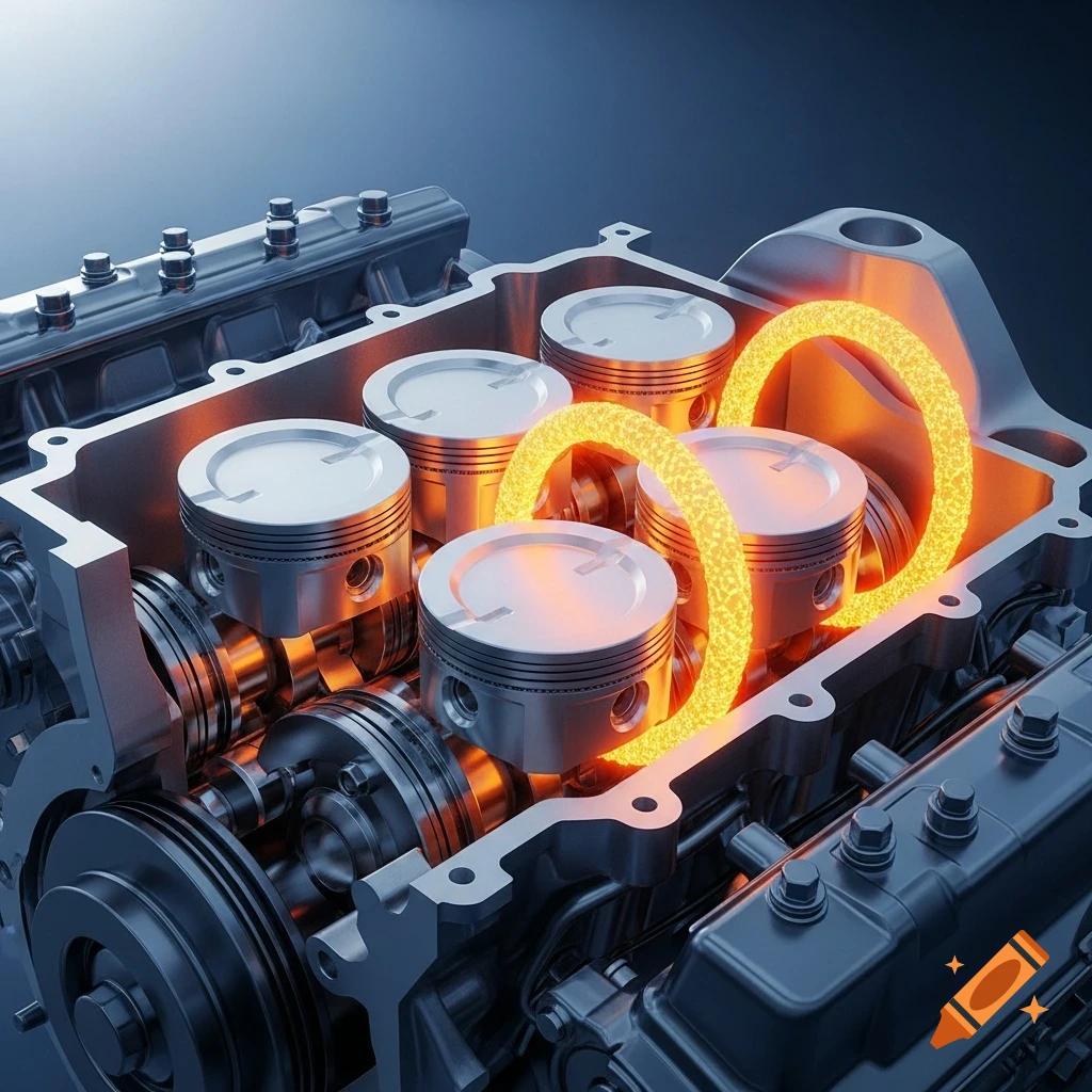 Cutaway view of a car engine showing pistons and a crankshaft with two glowing orange piston rings.
