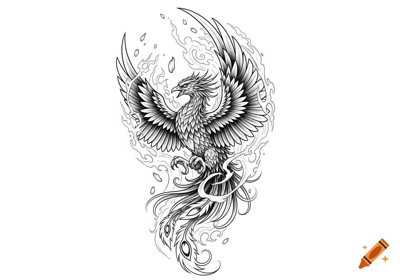 Black and white line art illustration of a phoenix with outstretched wings, surrounded by flames.