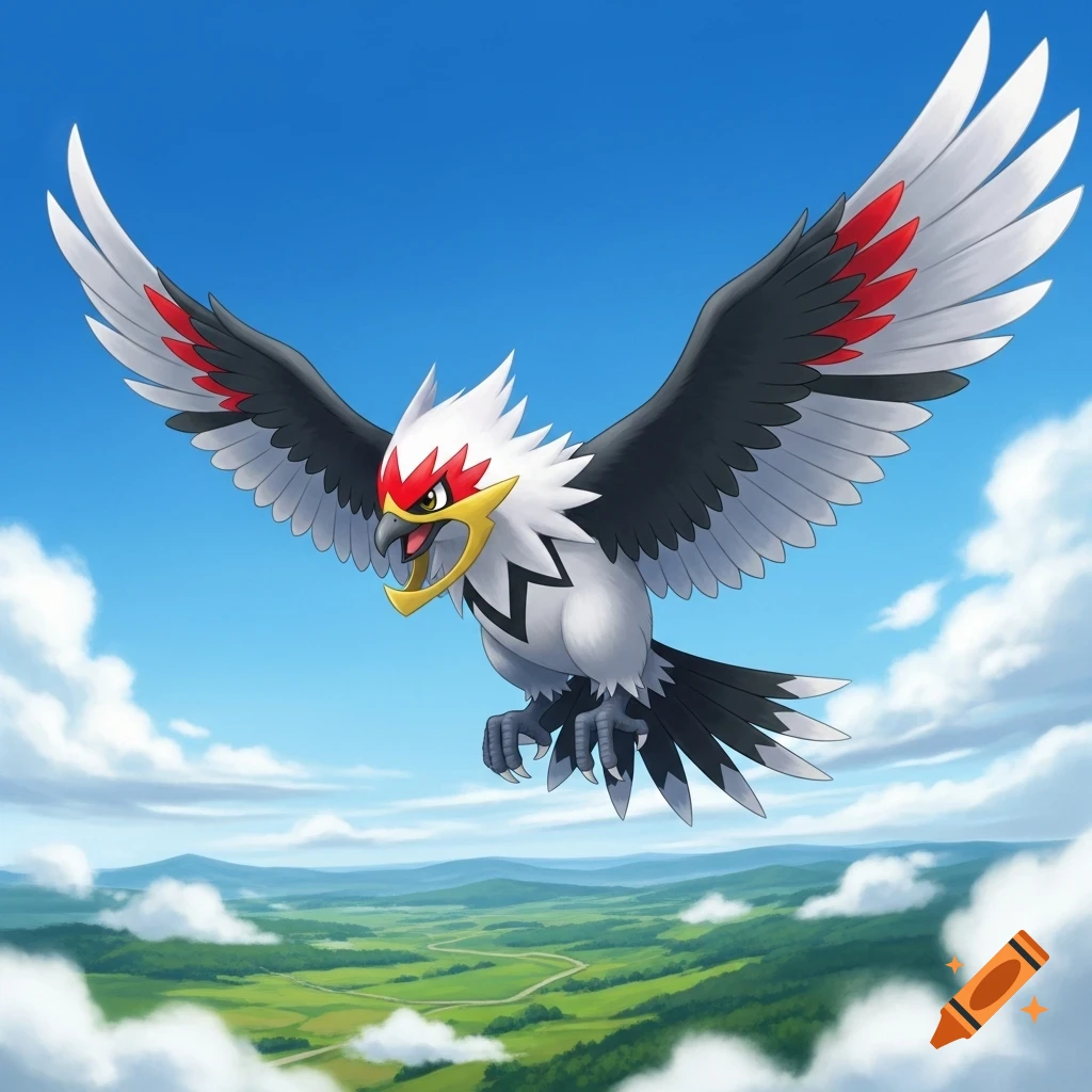 A Staraptor, a white, black, and red bird Pokémon, flies with wings spread wide against a bright blue sky over green hills.