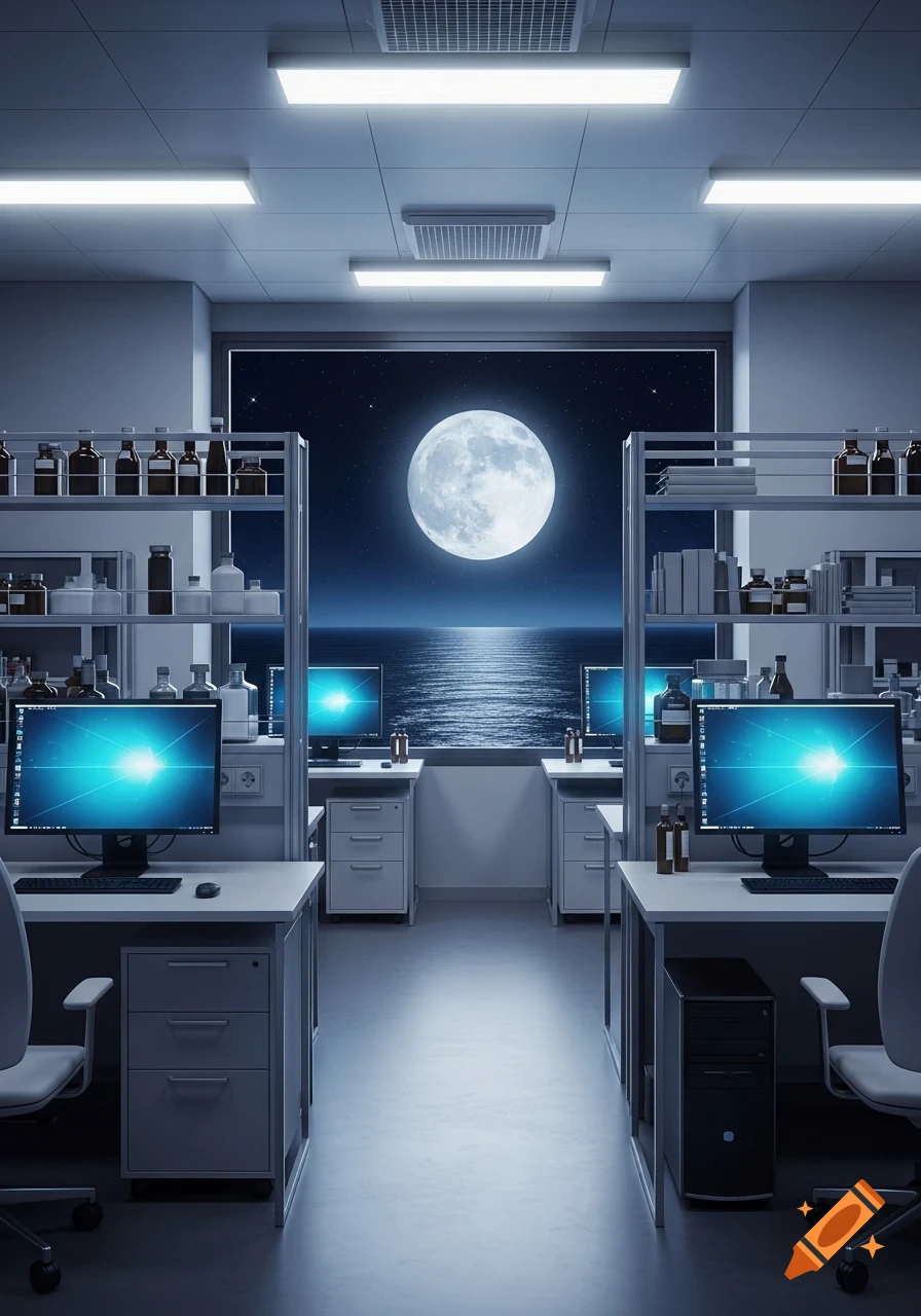 A futuristic laboratory with two desks, computer monitors, and shelves of bottles. A large window shows a full moon over an ocean at night.