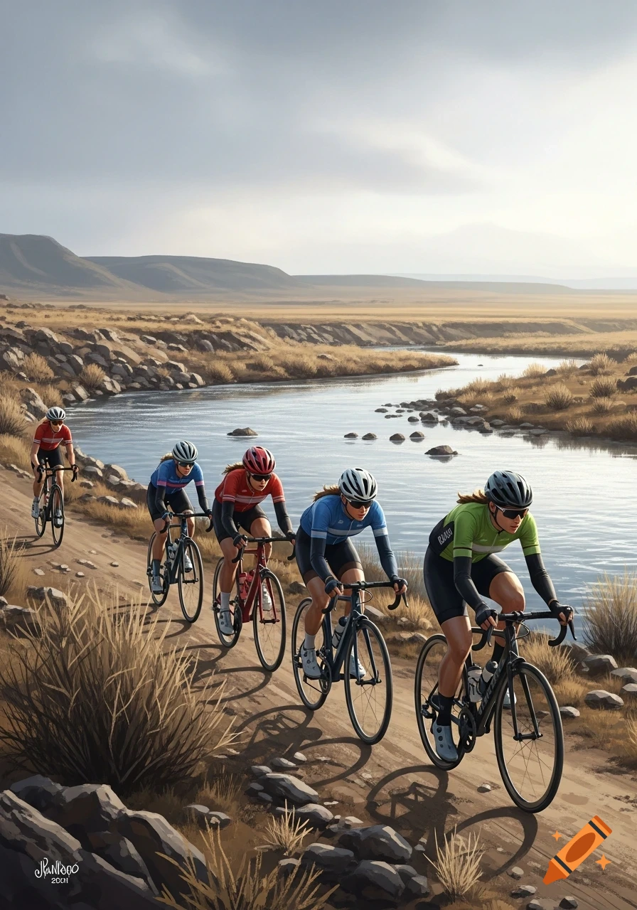 Five female cyclists ride bicycles along a winding river through a barren landscape under a cloudy sky.
