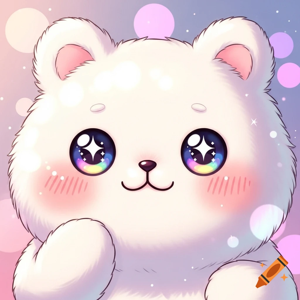 A fluffy white kawaii cartoon animal with large, sparkly rainbow eyes and rosy cheeks.