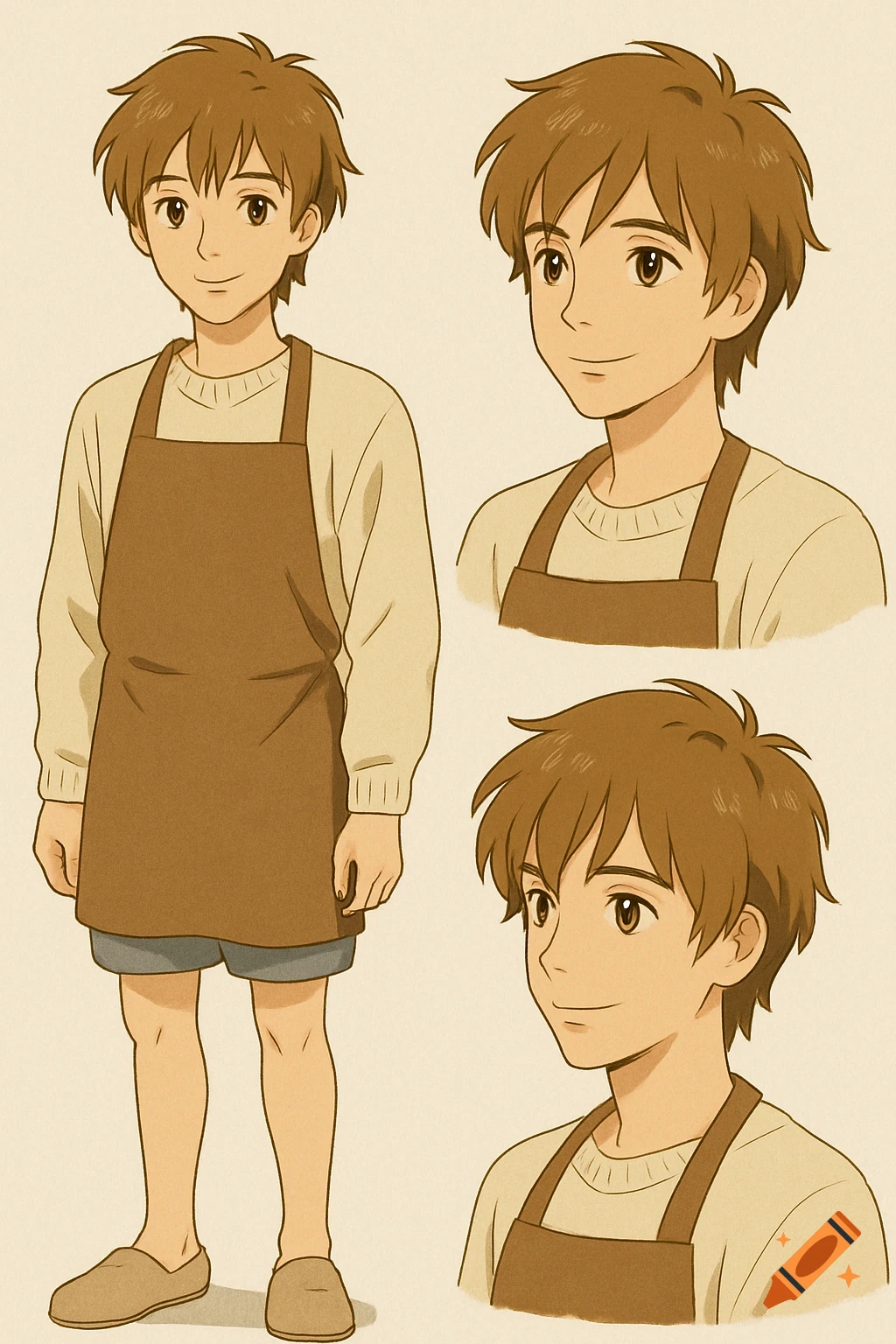 Anime character sheet of a boy with brown messy hair, wearing a cream sweater, brown apron, and gray shorts, with two close-ups of his smiling face.