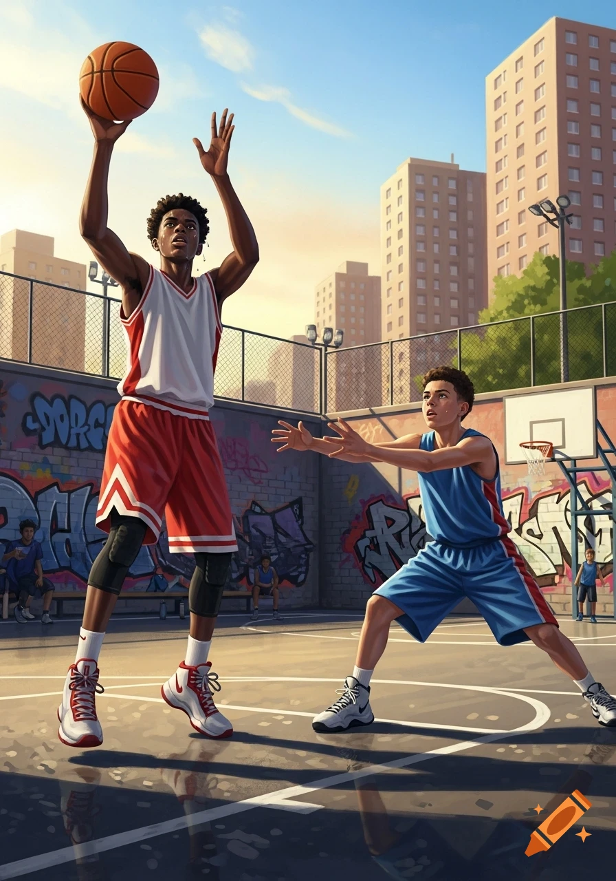 Two teenage boys play basketball on an outdoor court with graffiti walls and city buildings in a vibrant digital illustration.