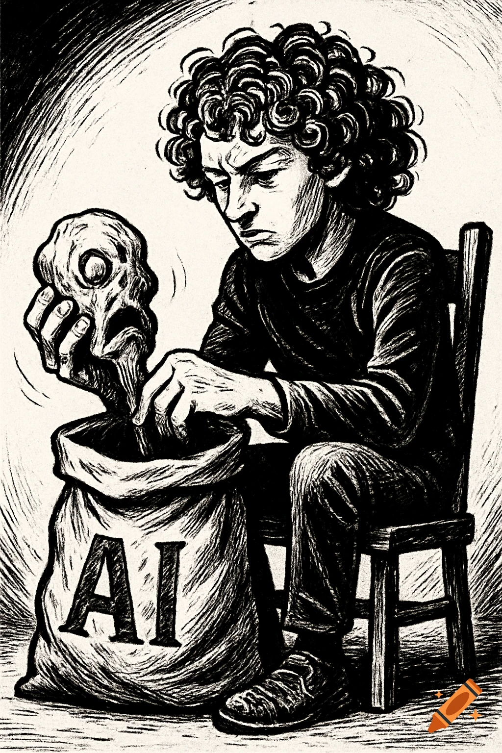 A person with curly hair sits and pulls a monstrous, melting skull from a bag labeled "AI" in a black and white comic style.