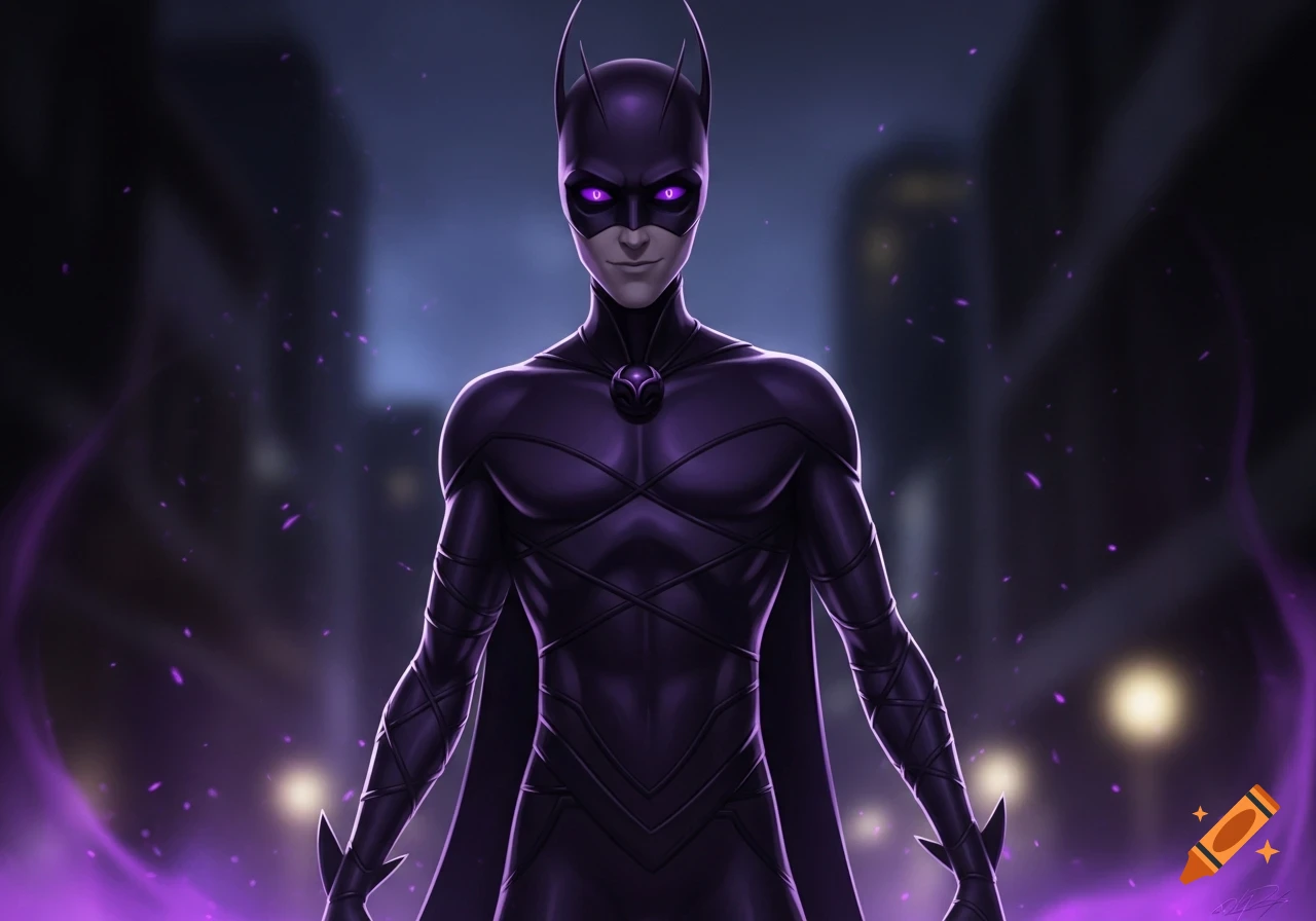 A masked figure in a dark purple superhero suit with glowing purple eyes stands in a dark city, surrounded by purple energy.