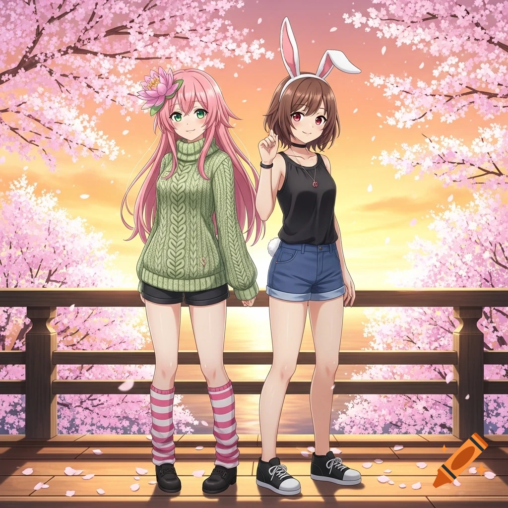 Two anime girls, one with pink hair and a green sweater, the other with bunny ears and a black top, stand on a deck with cherry blossoms and a sunset.