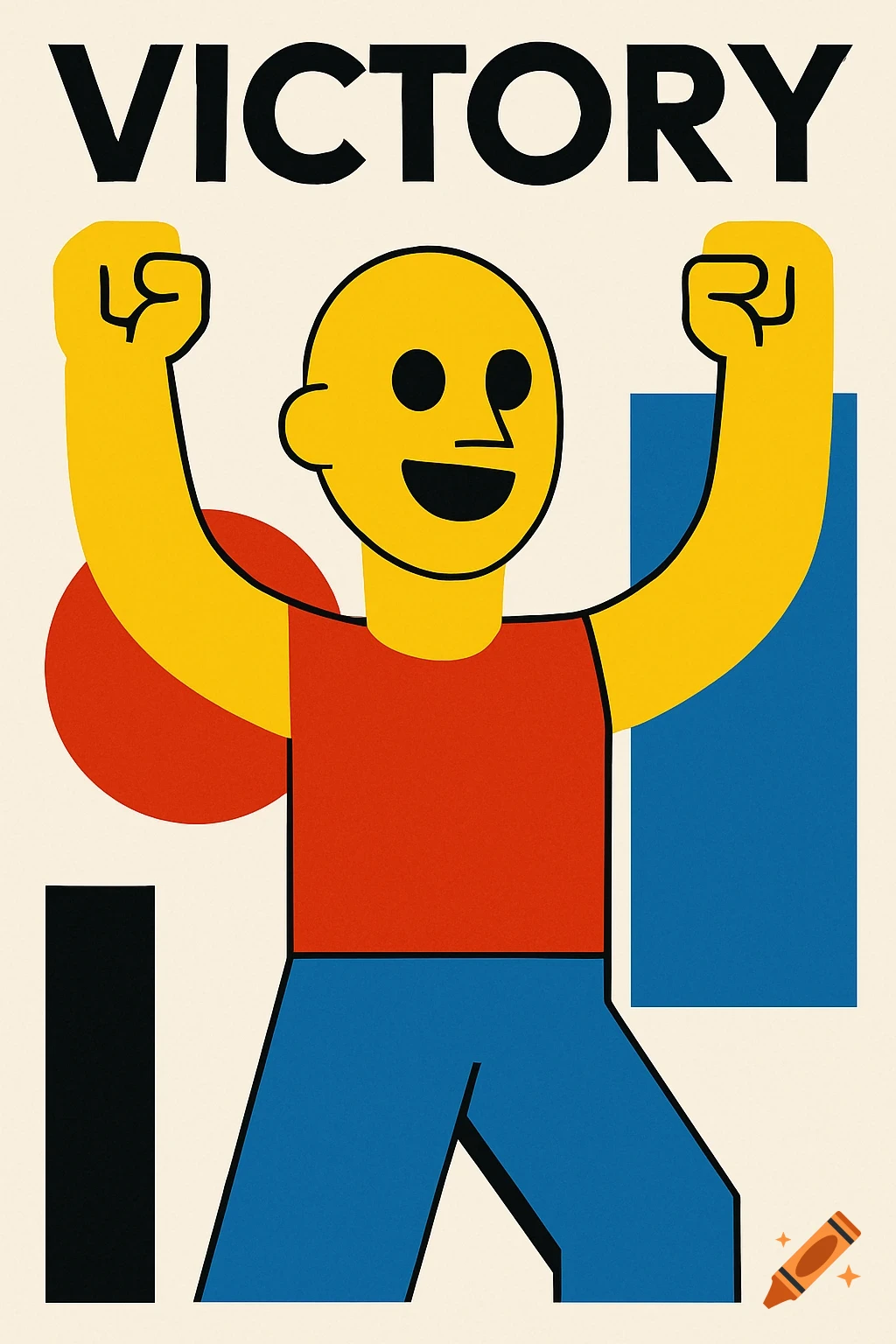 Bauhaus-style poster of a triumphant yellow cartoon man raising fists, with 'VICTORY' above.
