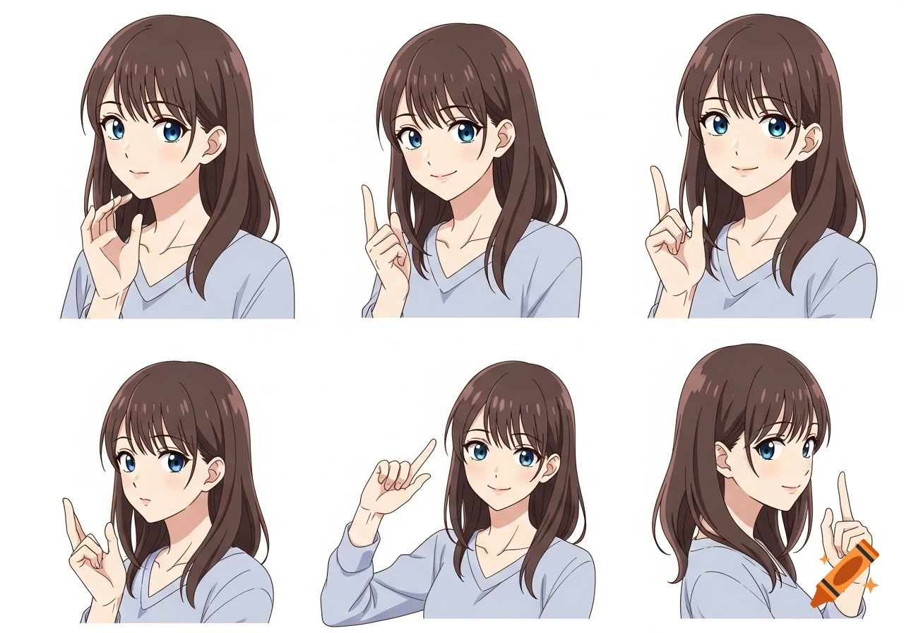 Six identical anime character busts with brown hair and blue eyes, shown in various poses with different hand gestures on a white background.