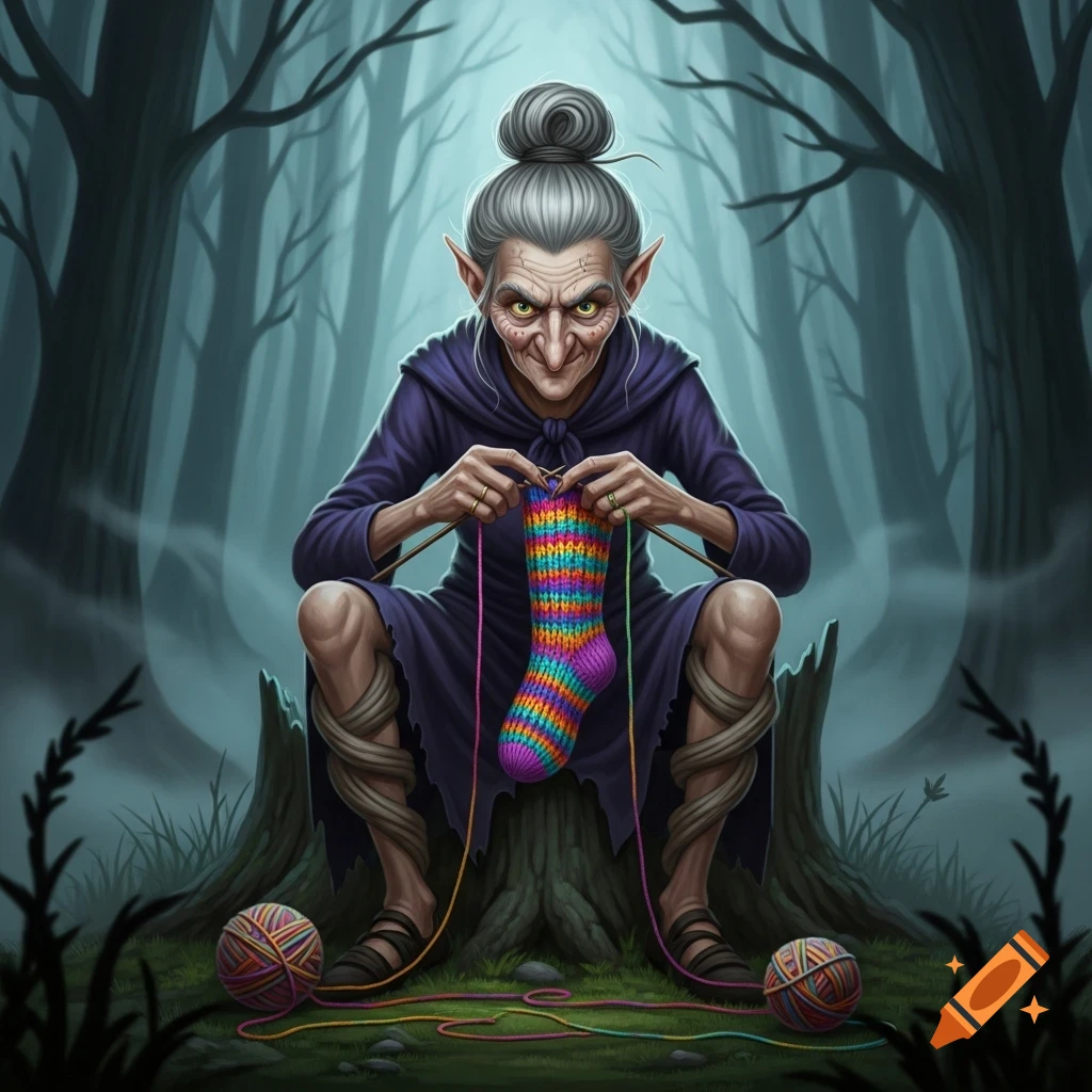 An old witch with a bun, pointy ears, and a wicked grin sits on a tree stump in a dark, misty forest, knitting a rainbow-striped sock.