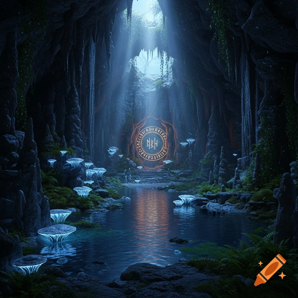 A mystical cave entrance with a glowing, runic portal over a pool of water, illuminated by a beam of light, surrounded by glowing mushrooms.