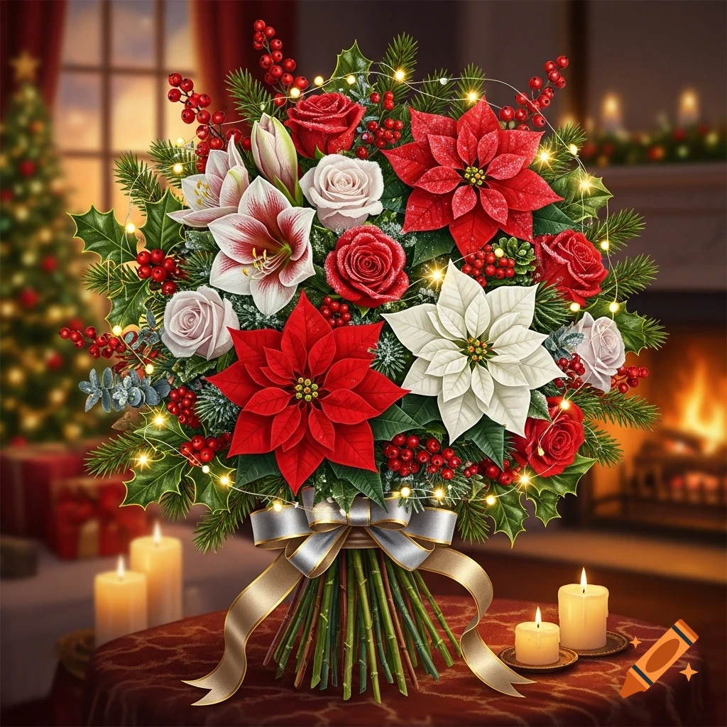 A large Christmas bouquet of red and white poinsettias, roses, holly, and fairy lights, tied with a ribbon, in a festive room.