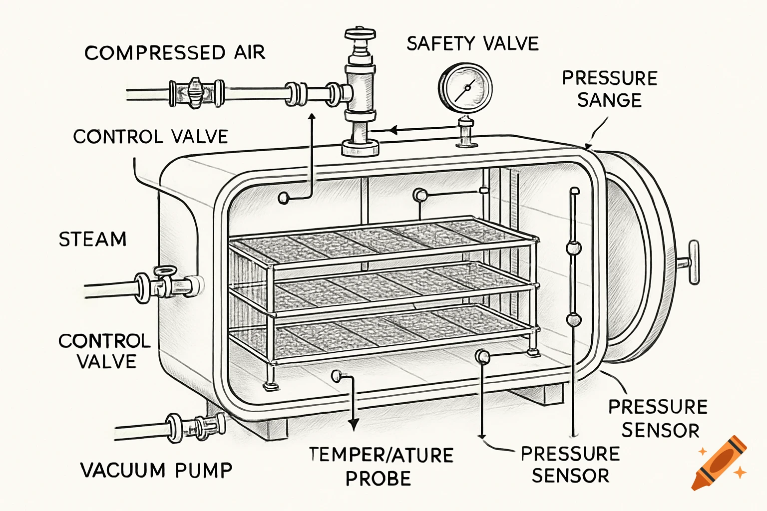 A technical line drawing diagram of a steam autoclave, showing its internal components and external connections labeled with text.