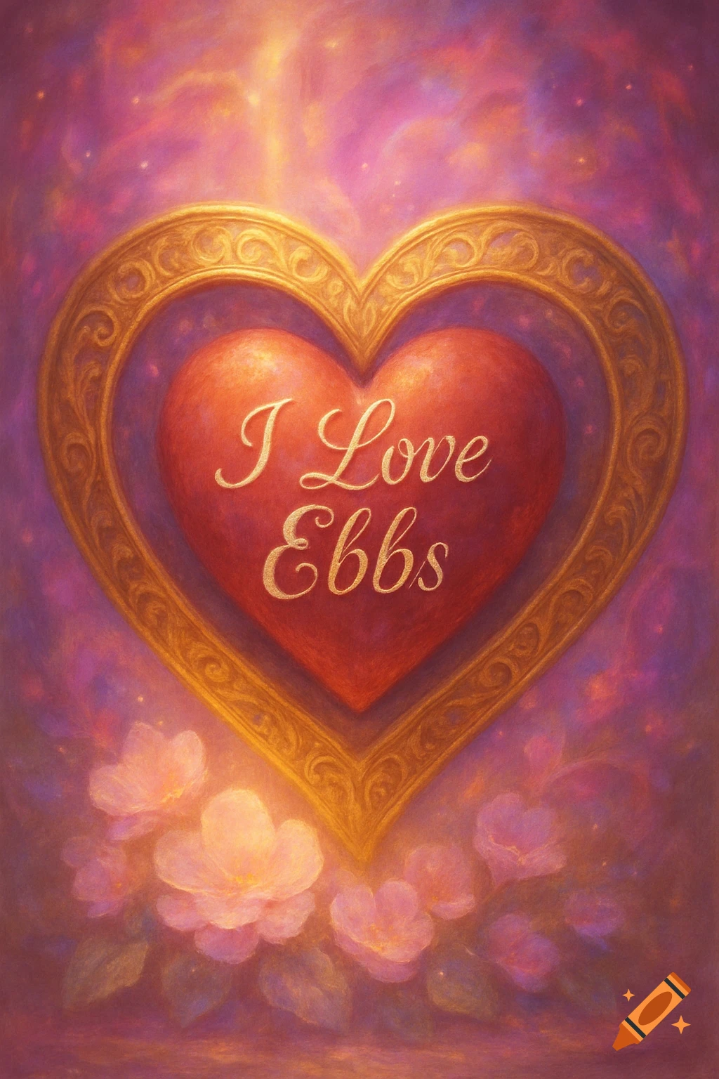 A painterly image of a red heart with 'I Love Ebbs' in a golden frame, surrounded by soft pink flowers on a shimmering purple background.