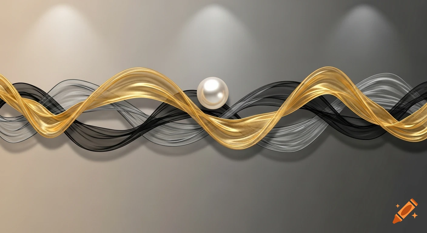 Abstract panoramic wall art with flowing gold silk fabric intertwined with black and grey transparent veils, featuring a central mother-of-pearl pearl, against a warm beige to charcoal grey gradient background.