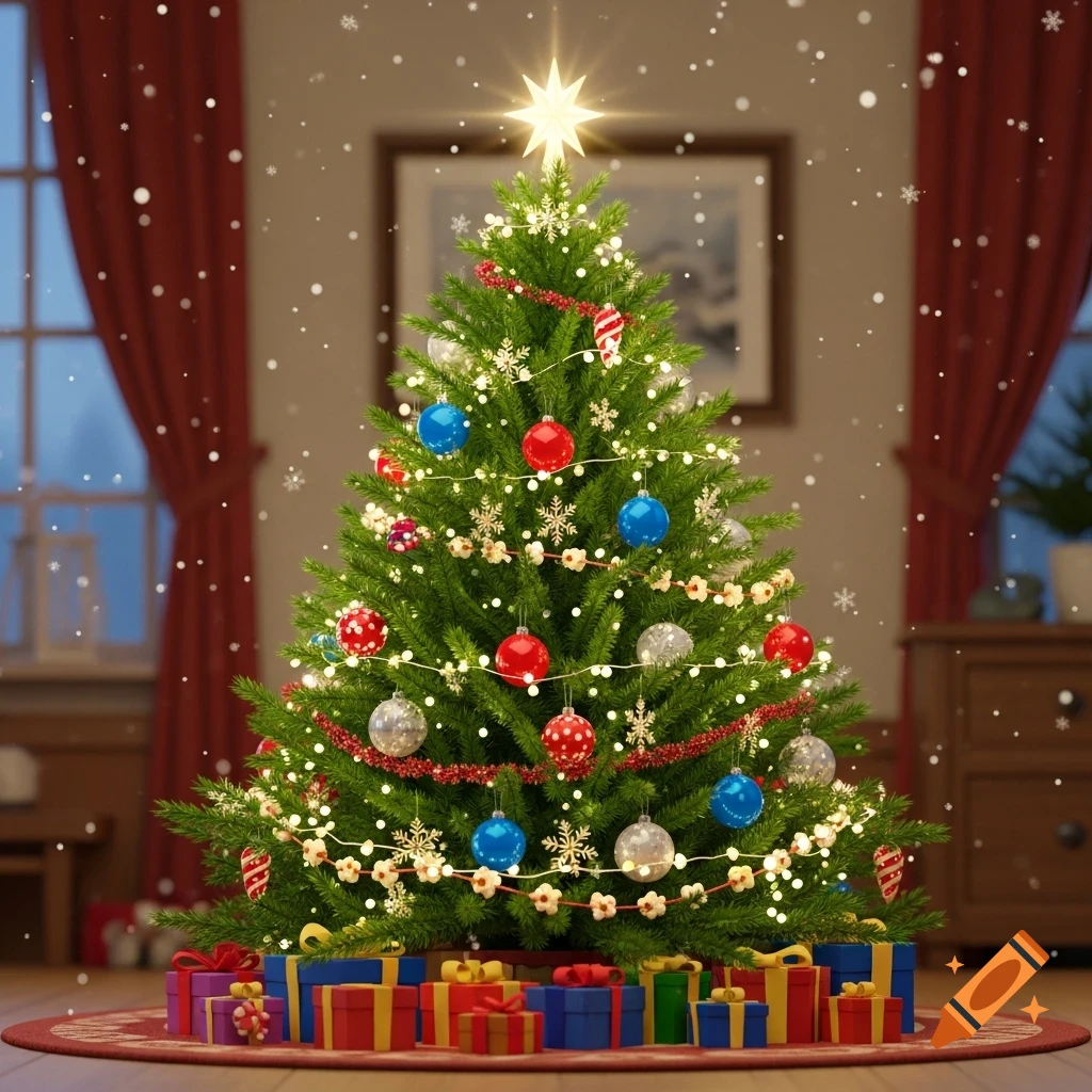 A brightly lit Christmas tree adorned with colorful ornaments and garland stands over a pile of wrapped gifts, with snow falling softly outside a window.