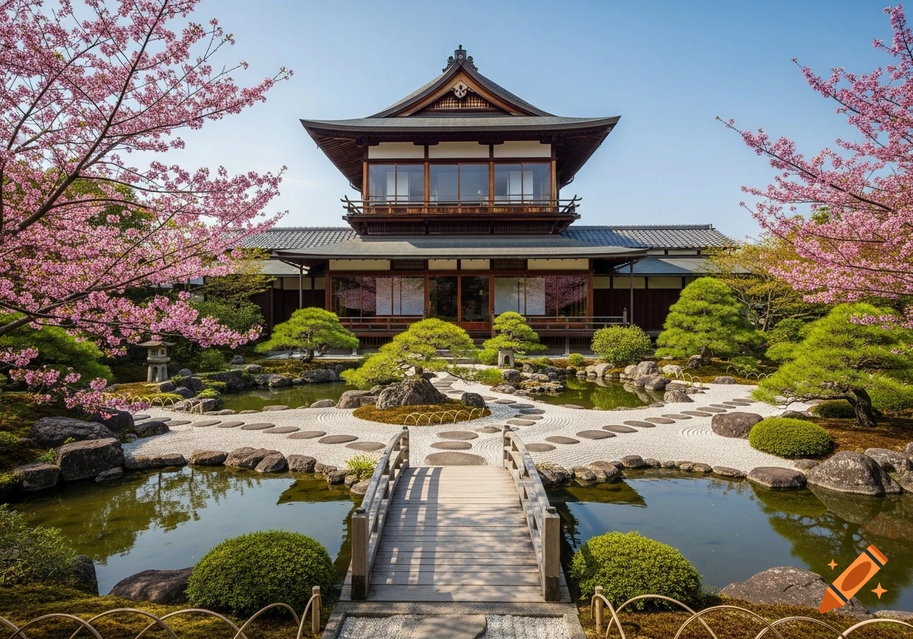 Photorealistic view of a traditional Japanese house with cherry blossoms, a pond, a gravel garden, and a wooden bridge.
