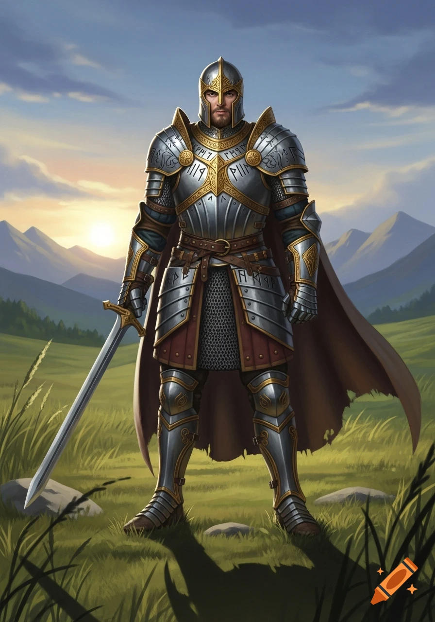 A detailed fantasy medieval knight in full armor stands in a grassy field with mountains and a sunset in the background.