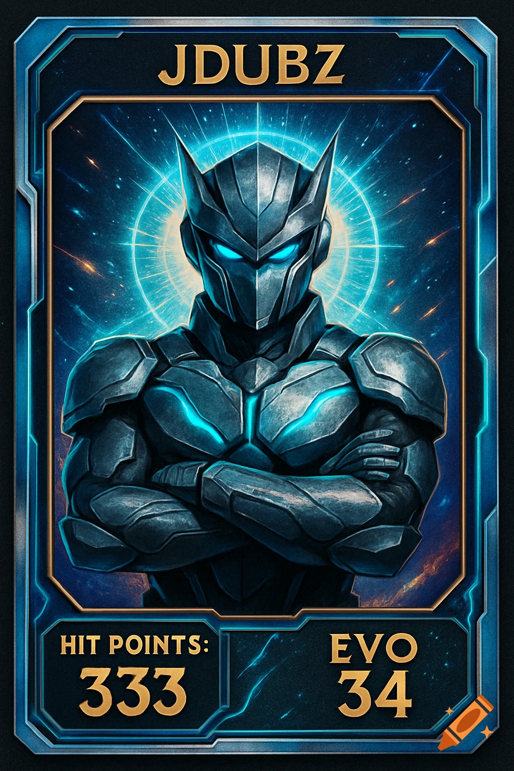 A futuristic trading card featuring an armored character named JDUBZ with glowing blue eyes and chest, showing Hit Points 333 and Evo 34.