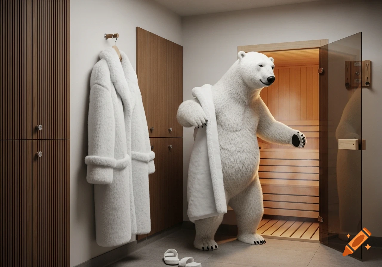 A photorealistic polar bear in a spa locker room, holding a towel and about to enter a sauna, with a white fur coat hanging on a wall.