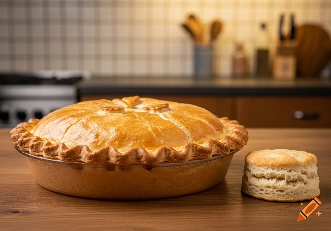 A golden brown pie with a crimped crust sits on a wooden table next to a flaky biscuit in a kitchen setting.