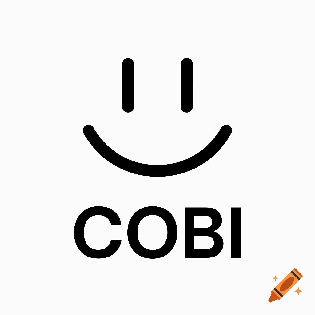 A minimalistic black smiley face with two vertical lines for eyes and a curved mouth, above the text 'COBI' on a white background.