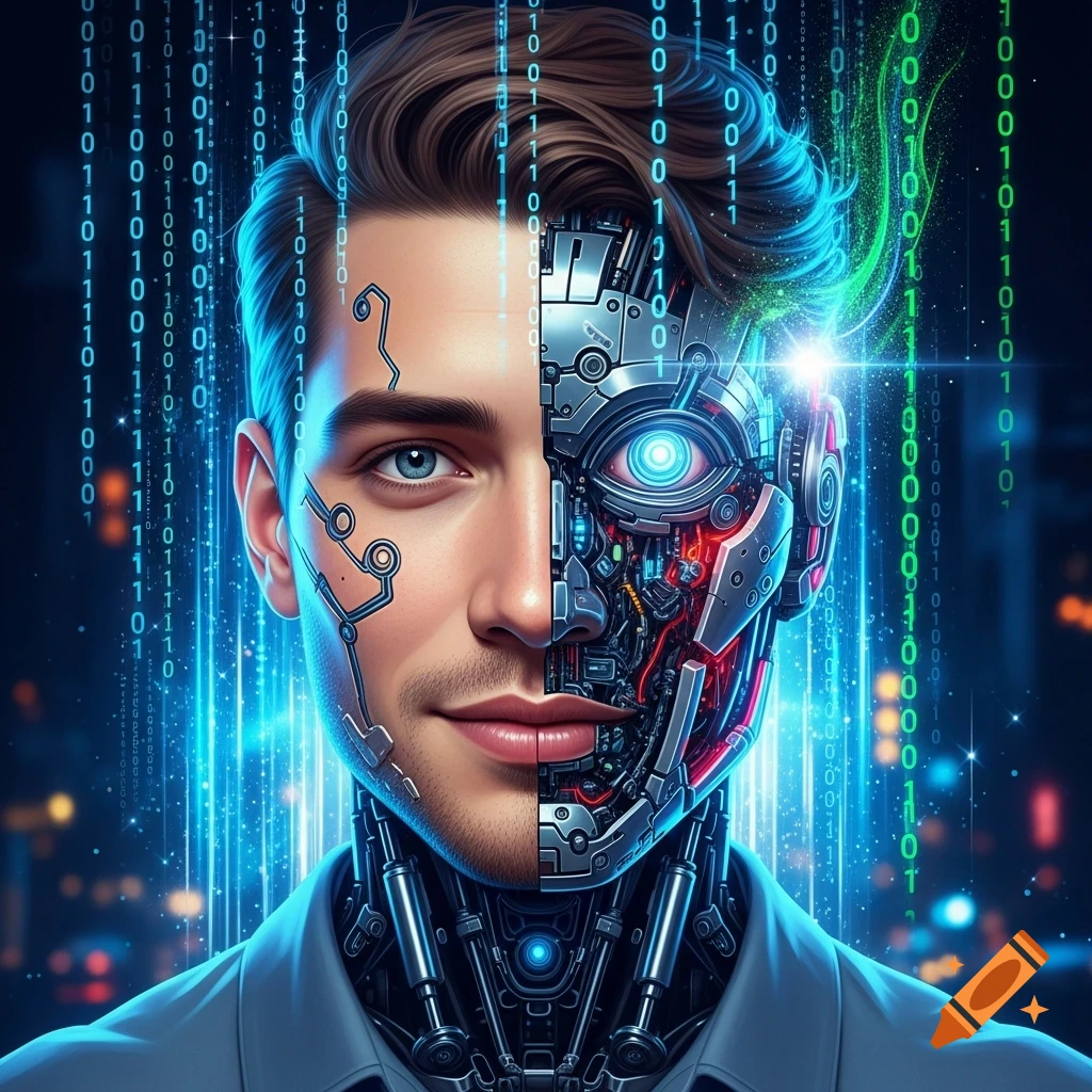 Portrait of a man, half human and half robot, with glowing binary code in a dark digital background.