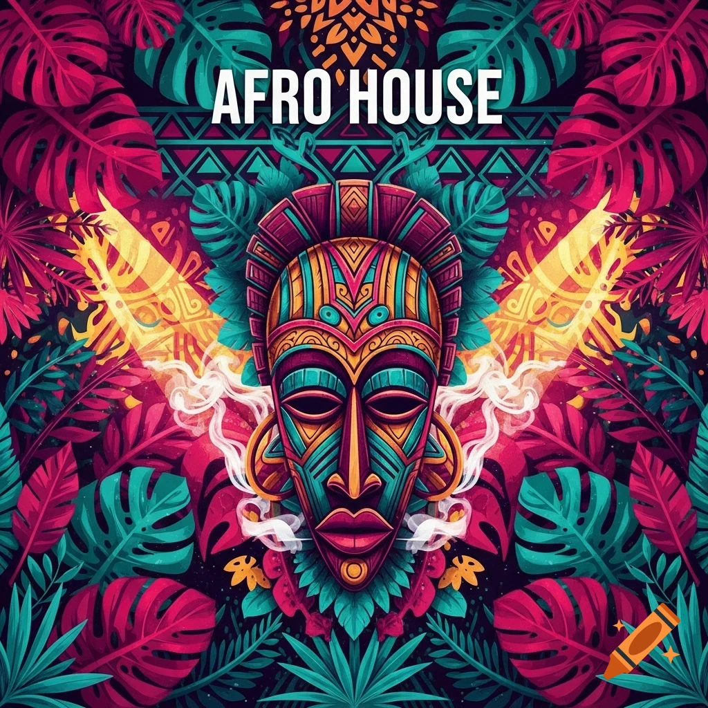Vibrant, stylized African mask in an Afro House art style, surrounded by pink and teal tropical leaves and geometric patterns.
