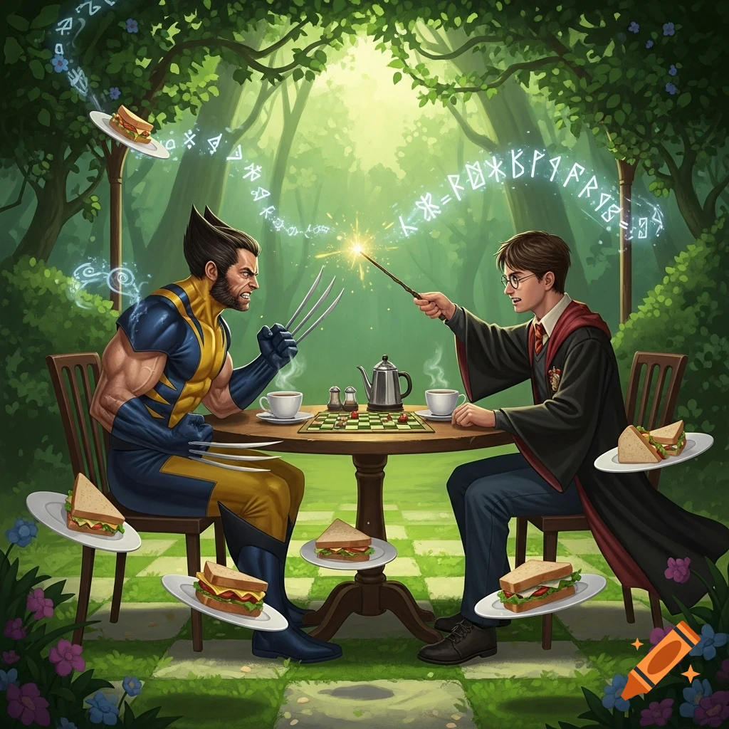 Wolverine and Harry Potter play chess at a table in a lush forest, with Harry casting a spell to levitate sandwiches.