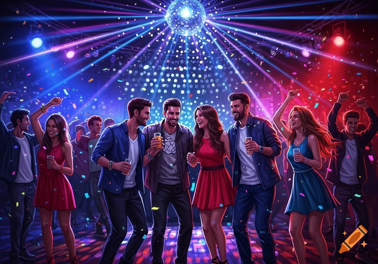 A group of diverse people dancing and socializing at a vibrant party with a disco ball, colorful lights, and falling confetti.