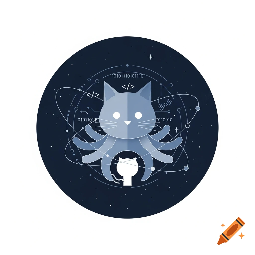 A minimalist blue Octocat, a cat with octopus tentacles, on a dark blue background with binary code, satellites, and stars, forming a user icon.