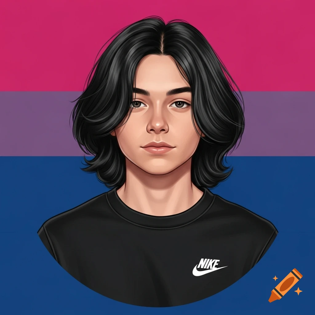 A stylized portrait of a boy with black hair and a black Nike sweatshirt, against a bisexual pride flag background.