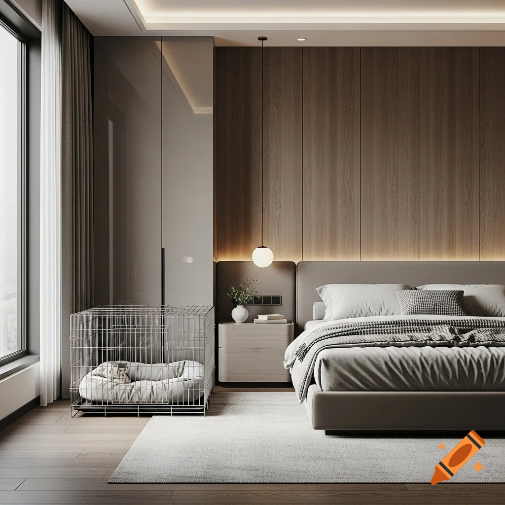 A contemporary bedroom featuring a large bed with grey bedding, a wooden accent wall, and a metal dog crate with a plush bed next to a window.
