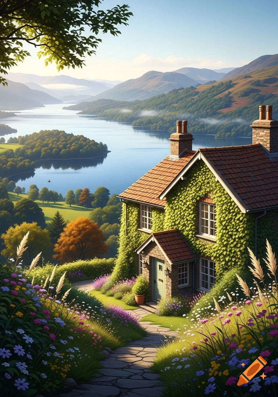 A scenic view of a vine-covered cottage on a hillside overlooking a large lake and distant mountains, surrounded by colorful flowers and trees.