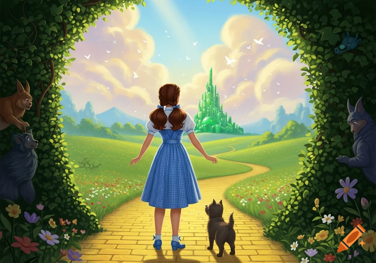 Dorothy, in a blue gingham dress, and Toto walk along a yellow brick road towards a glowing green Emerald City. Lush green foliage frames the path, with stylized animal characters peeking from the leaves.