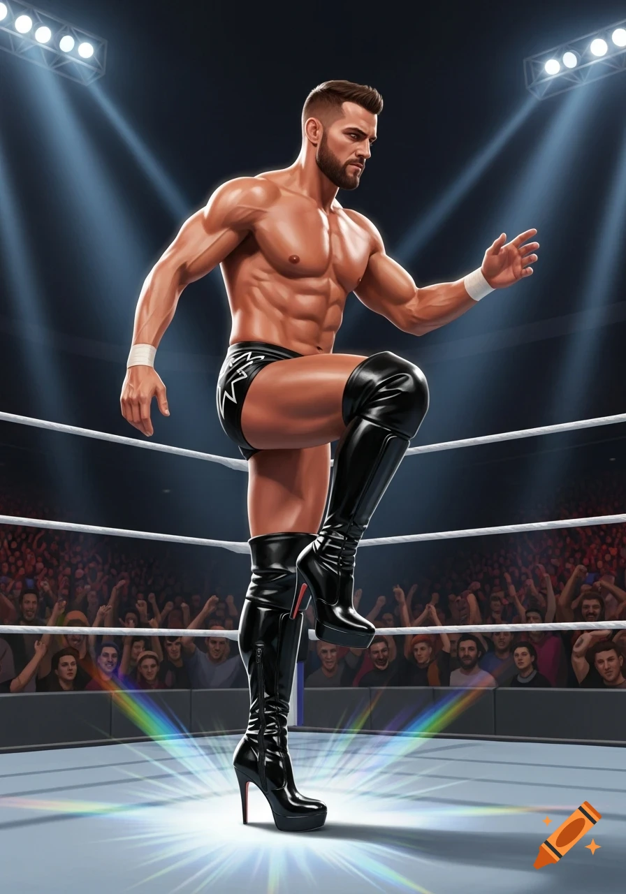 A muscular male wrestler with a beard stands in a ring, wearing black briefs and thigh-high black high-heeled boots, under bright spotlights with a crowd visible in the background.