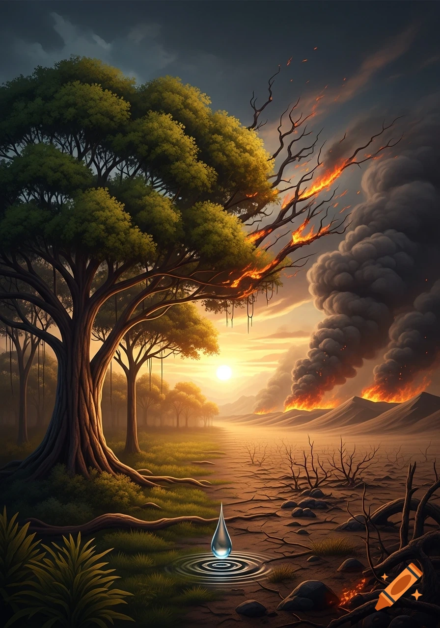 A conceptual image illustrating climate change, with a vibrant green tree contrasting a dry, burning landscape and smoky sunset, featuring a single water drop.