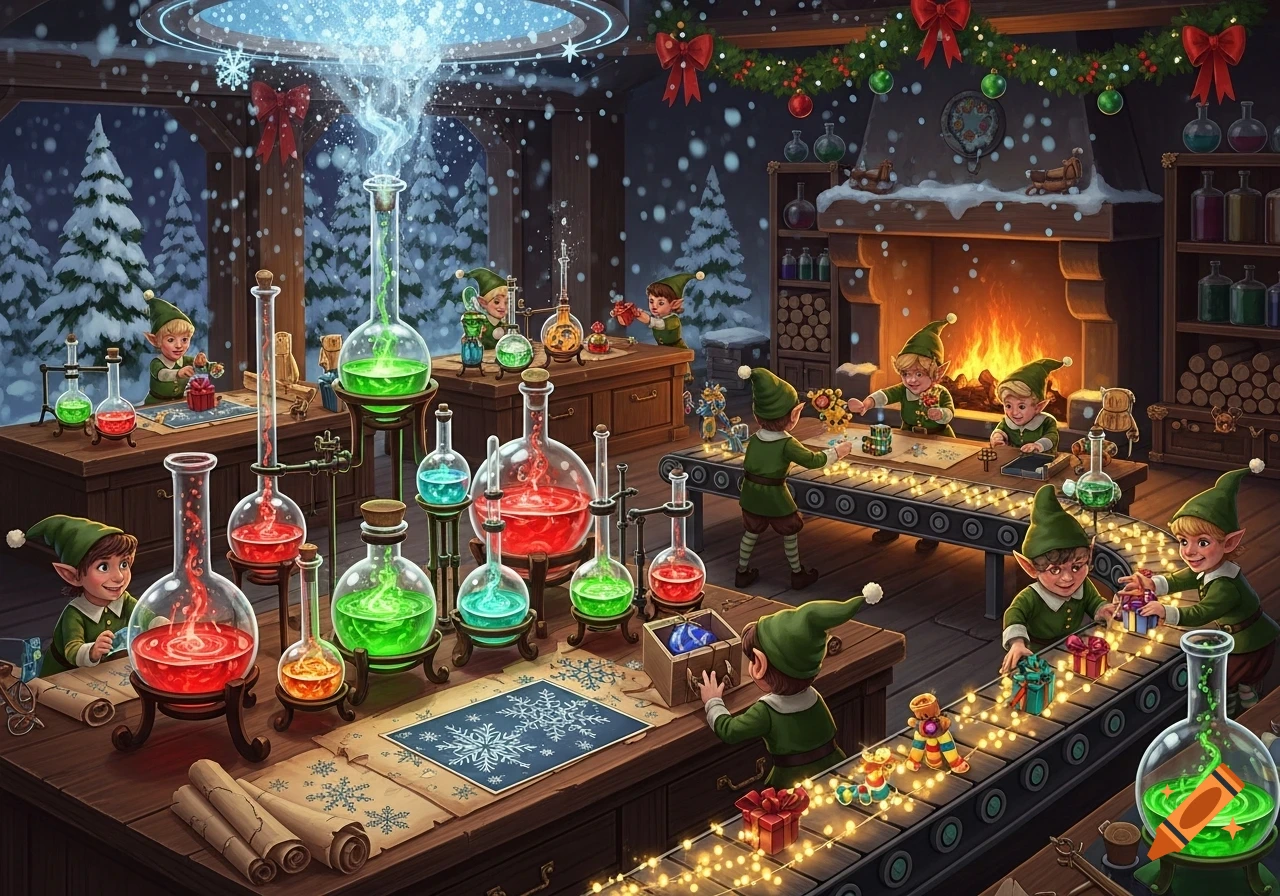 Elves work in a magical Christmas lab, mixing glowing liquids in beakers and assembling gifts on a conveyor belt, with a snowy backdrop.