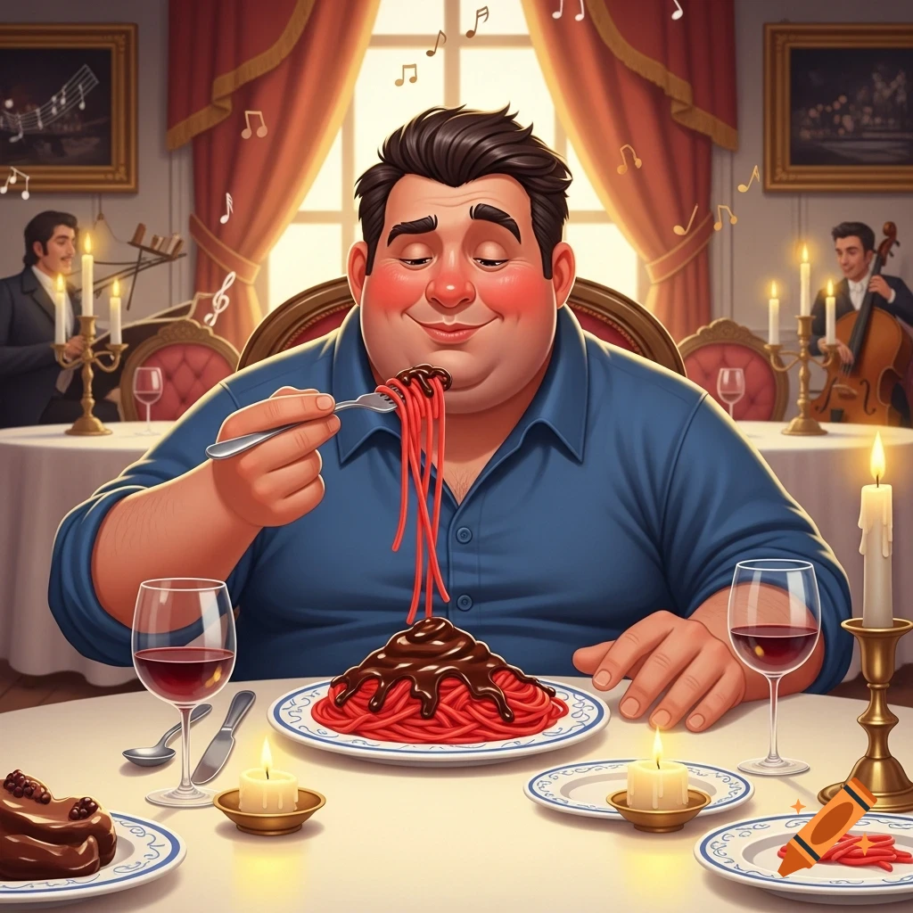 A cartoon man with rosy cheeks happily eats red pasta with chocolate sauce in a fancy restaurant, with musicians in the background.