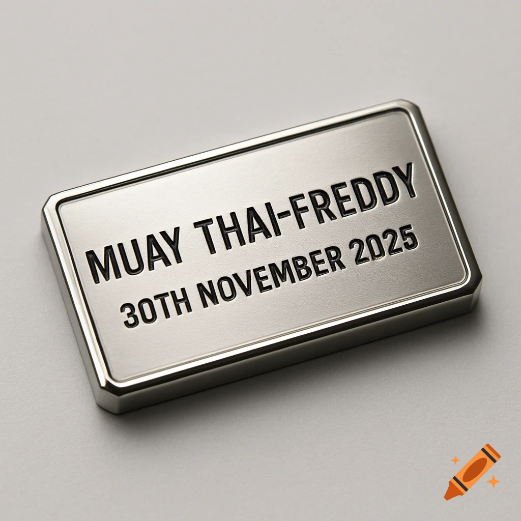 A silver rectangular metal nameplate engraved with 'MUAY THAI-FREDDY' and '30TH NOVEMBER 2025'.