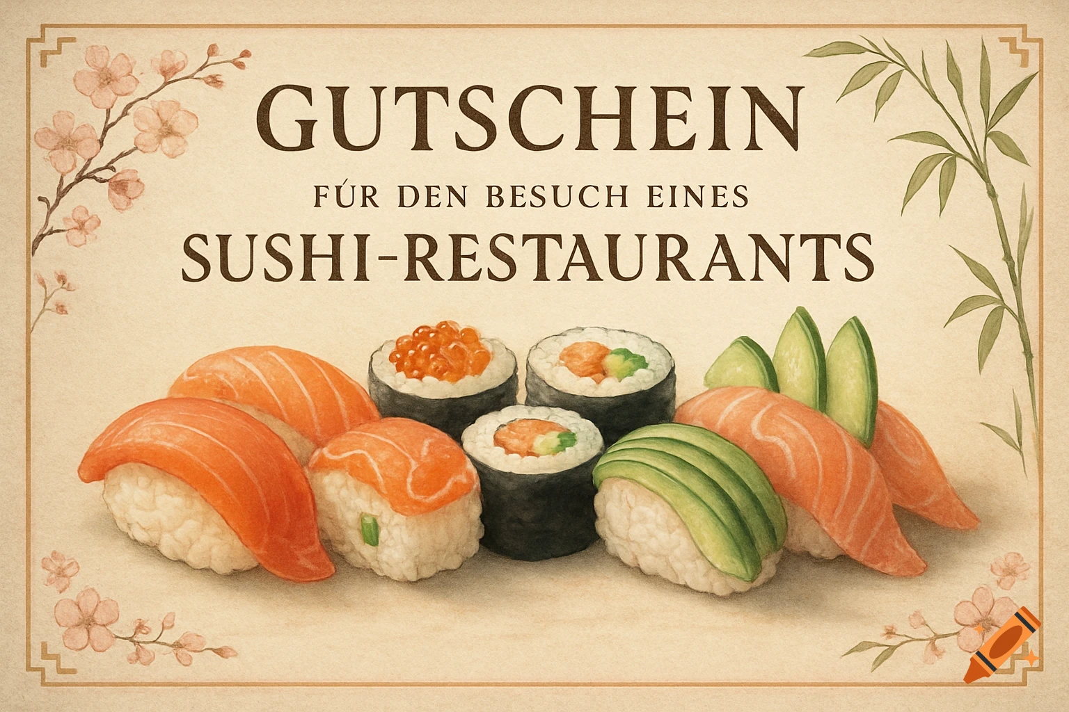Watercolor illustration of a sushi restaurant voucher with salmon nigiri, maki rolls, and cherry blossoms.