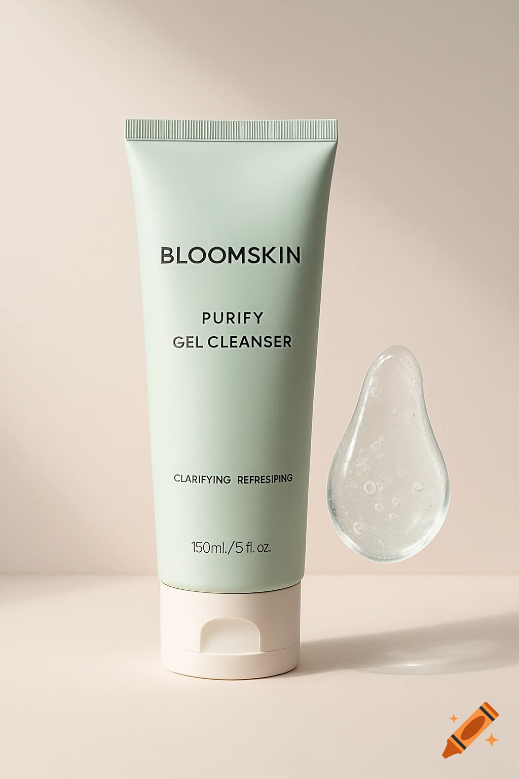 Light green BloomSkin Purify Gel Cleanser tube with a blob of clear gel, minimalist product photography.