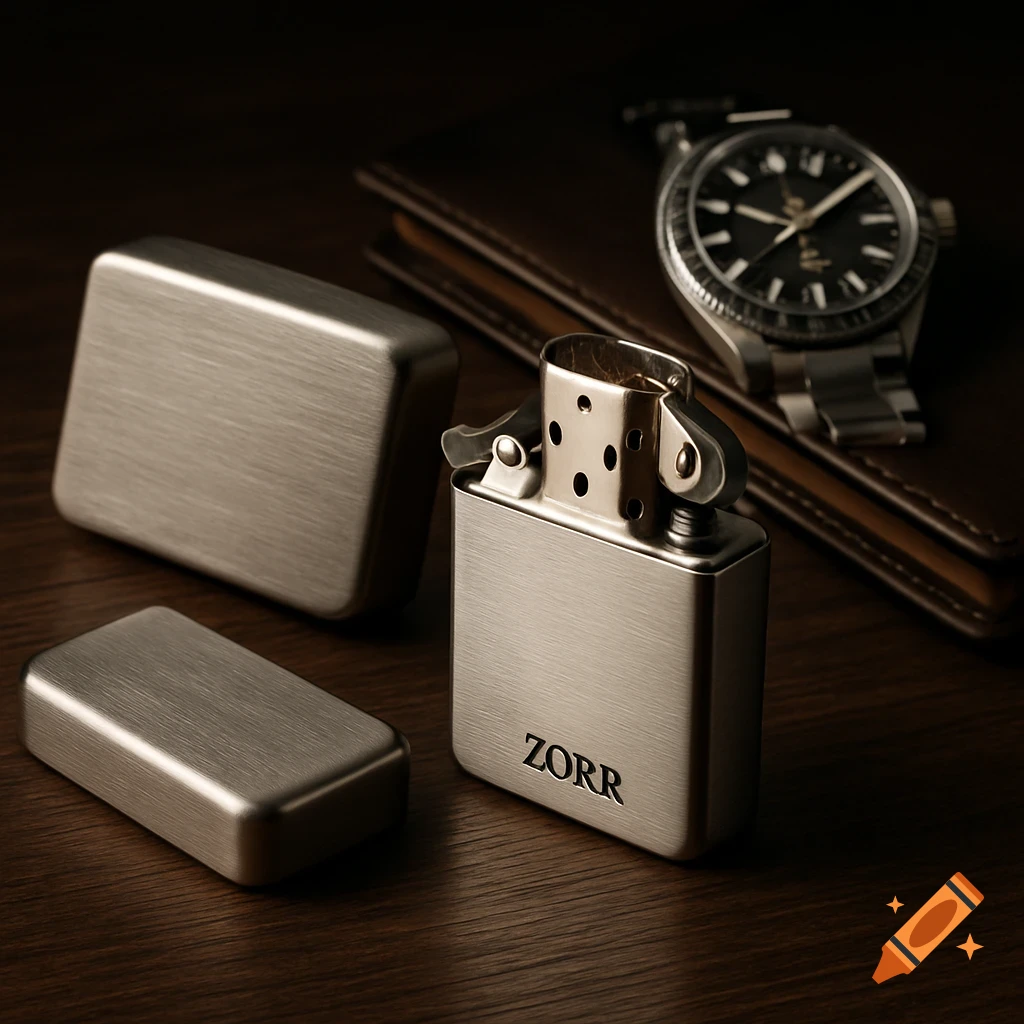 A brushed metal ZORR lighter and a matching case on a dark oak desk next to a mechanical watch and a leather notebook, photorealistic.