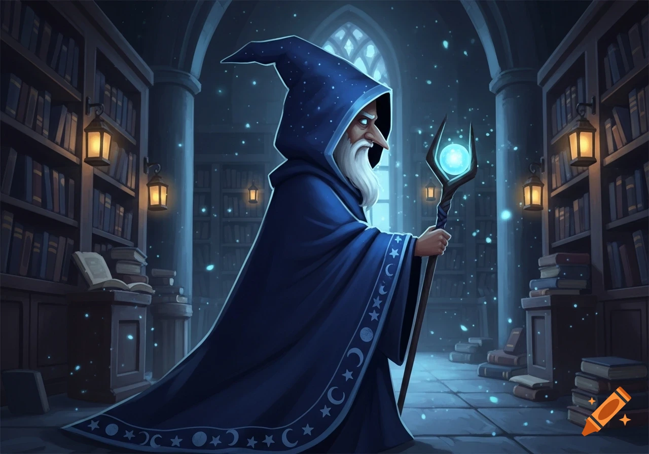 An old wizard in a blue hooded cloak holds a glowing staff in a magical library, surrounded by books and floating lights.