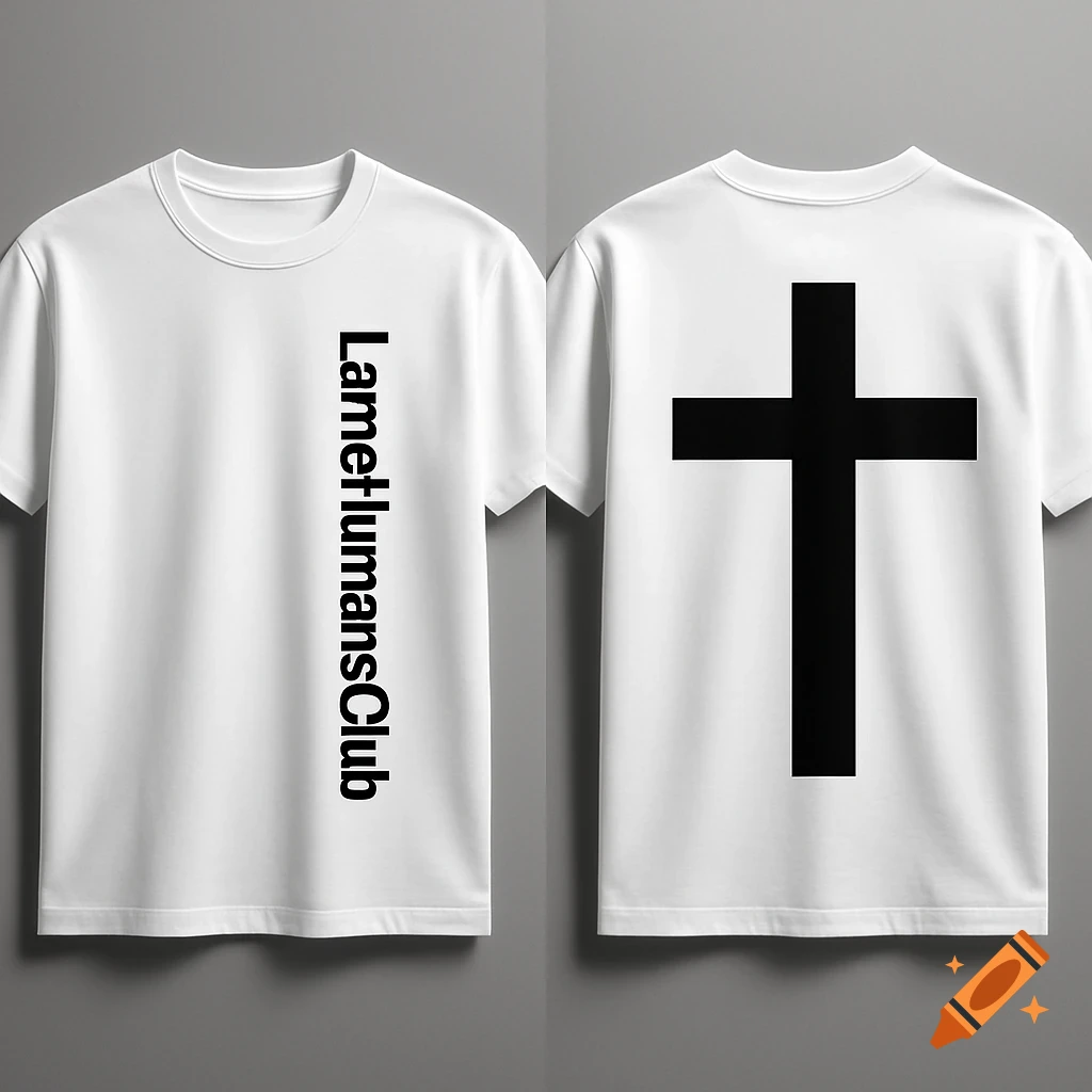 Front and back view of a white t-shirt: front says 'LameHumansClub' vertically, back has a black cross.