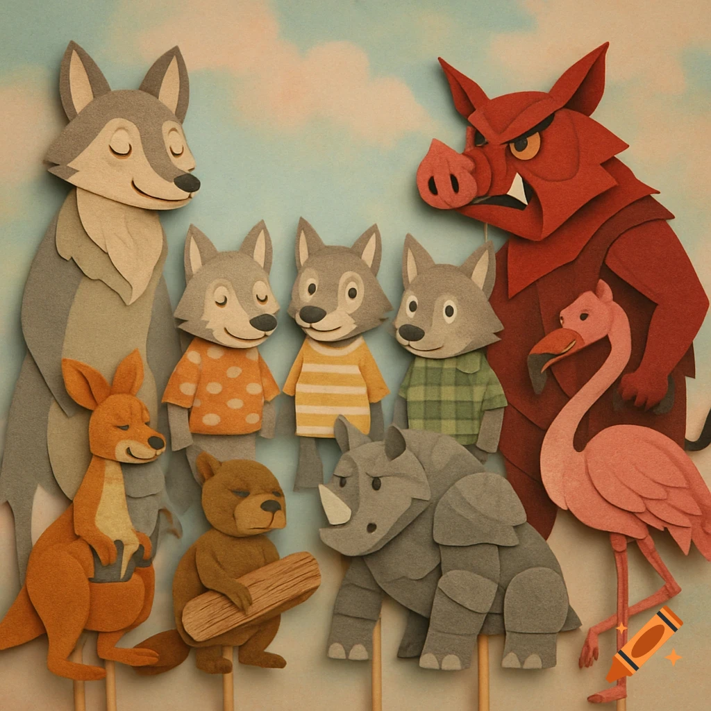 A vibrant paper cut-out scene featuring wolf puppets, a large red pig, a kangaroo, a beaver, a rhino, and a flamingo.